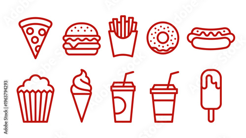 A collection of red line art icons depicting various fast food items and sweet treats including pizza burgers and ice cream high quality professional detailed modern