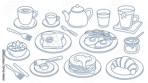 A charming hand drawn illustration depicts a delightful assortment of breakfast items arranged on a white surface including eggs pancakes and coffee high quality professional detailed