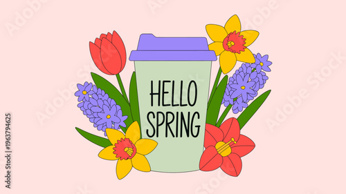 A cheerful illustration features spring blossoms including tulips daffodils and hyacinths surrounding a pale green to go cup with hello spring high quality professional detailed modern