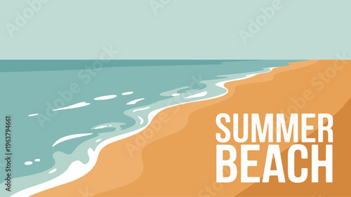 A minimalist illustration depicts a sandy beach meeting a calm turquoise sea under a clear blue sky with bold text reading summer beach high quality professional