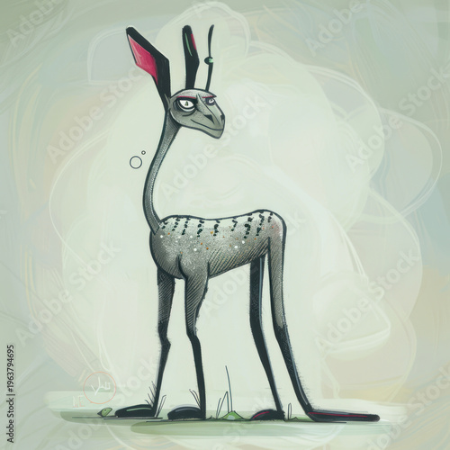 Stylized surreal animal character illustration with long neck and minimal pastel background