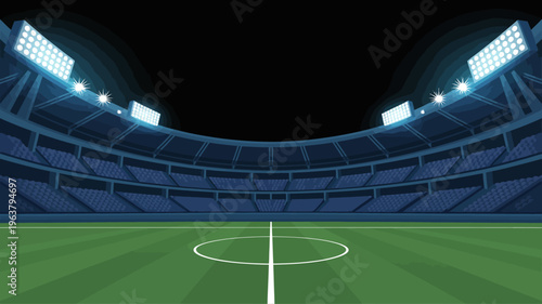 A brightly lit soccer stadium is shown with empty blue seating a green field and a central circle marking the field s midpoint high quality professional