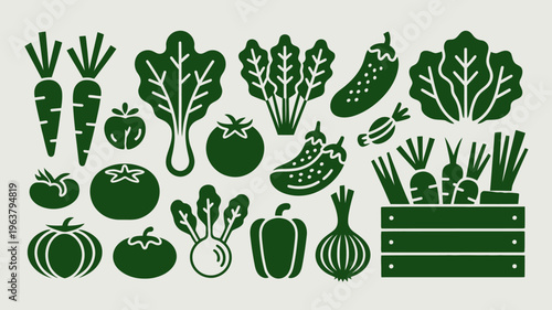 A vibrant collection of fresh green vegetables and fruits are illustrated in a flat stylized design showcasing a healthy harvest high quality professional detailed modern elegant
