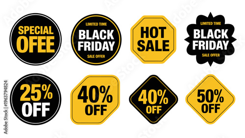 A collection of vibrant circular and geometric sale tags advertising special offers black friday deals and percentage discounts high quality professional detailed modern elegant stylish clean