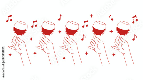 A minimalist illustration displays five hands each holding a wine glass accompanied by musical notes and shimmering star like sparkles high quality professional detailed modern elegant