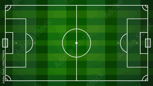 An aerial view showcases a vividly green soccer field with clearly defined white lines marking the boundaries goals and center circle high quality professional detailed modern