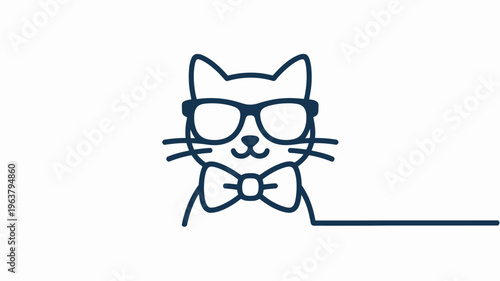 A minimalist illustration depicts a blue cat wearing black glasses and a bow tie with a trailing line extending from its side high quality professional detailed