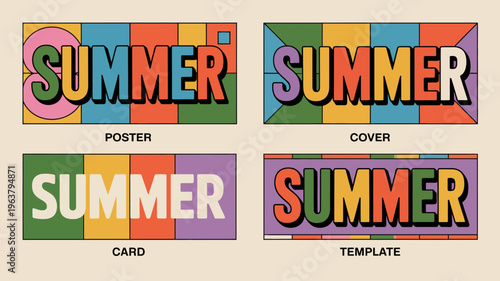 A vibrant graphic design showcases the word summer repeated in colorful geometric arrangements across four distinct layouts high quality professional detailed modern elegant stylish clean crisp