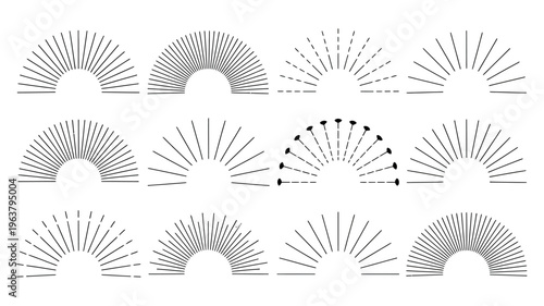 This image displays a collection of nine abstract sunburst or radial designs arranged in a three by three grid on a white background high quality professional