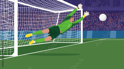 A soccer goalkeeper dives to his right extending his arms towards a ball in mid air with a blurred crowd in the background high quality professional