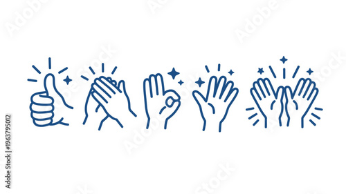 A series of blue line drawings depict various hand gestures representing applause support and positive reinforcement high quality professional detailed modern elegant stylish clean crisp vibrant