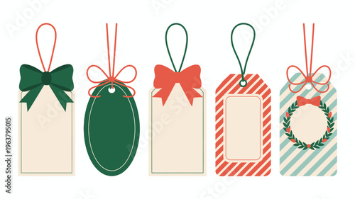 A collection of five decorative gift tags in varying shapes and colors featuring ribbons and festive patterns high quality professional detailed modern elegant stylish clean crisp