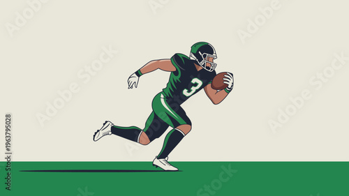 A digital illustration depicts a football player in a green uniform sprinting with the ball ready to advance downfield high quality professional detailed modern elegant stylish