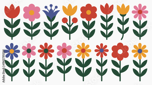 A colorful collection of stylized flowers featuring various shapes and hues are arranged in two rows on a white background high quality professional detailed modern elegant