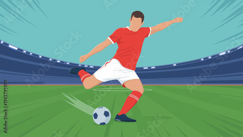 A digital illustration depicts a soccer player in a red jersey kicking a ball on a vibrant green field within a stadium high quality professional detailed
