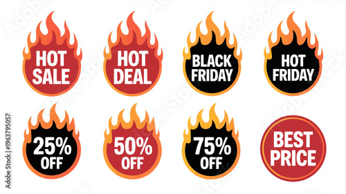 A collection of circular sale badges with fiery designs and bold text promoting discounts and black friday deals high quality professional detailed modern elegant stylish clean
