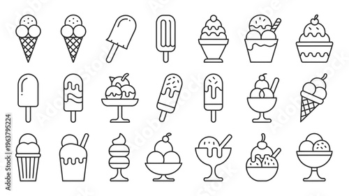 A collection of outlined ice cream and frozen dessert icons including cones popsicles sundaes and various scoop arrangements high quality professional detailed modern elegant stylish clean