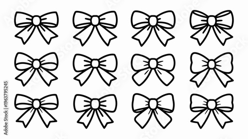 An arrangement of twelve black and white bow illustrations is presented in a grid format showcasing variety in bow design and style high quality professional detailed