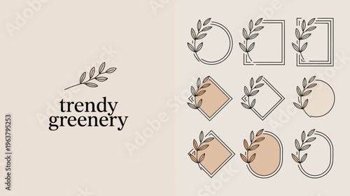 A collection of delicate minimalist botanical frames and leafy sprigs are displayed on a muted beige background high quality professional detailed modern elegant stylish clean crisp