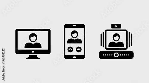 A set of three black silhouette icons depict people on various devices engaged in video conferencing or virtual meetings high quality professional detailed modern elegant stylish