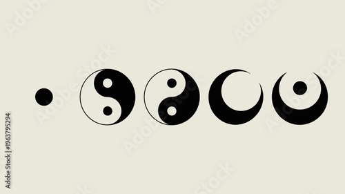 A series of black and white circular shapes evolving from a point to a full yin and yang symbol presented horizontally high quality professional detailed modern