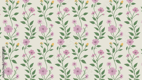 A seamless repeating pattern showcases delicate pink and purple wildflowers with green stems and leaves against a cream background high quality professional detailed modern elegant stylish