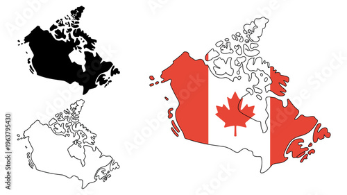 A visual representation of canada is shown including a solid black outline a colored flag version and a white outline high quality professional detailed modern elegant