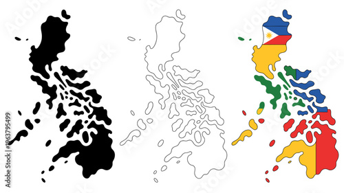 A visual representation displays the philippines in three variations a silhouette an outline and a colored map with its national flag high quality professional detailed modern