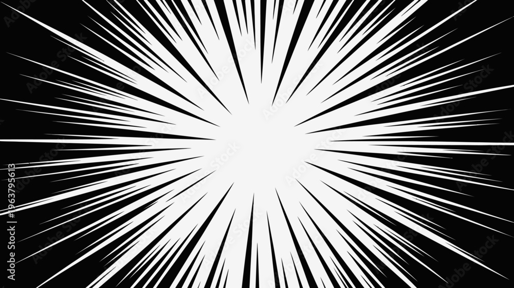 Fototapeta premium A stark black and white image depicts a radiating burst of light resembling an explosion or impact effect commonly seen in comics high quality professional detailed