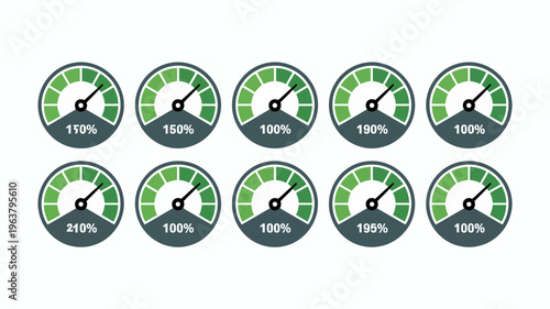 A collection of circular gauges displays varying percentage levels ranging from 100 to 210 presented in a clean modern style high quality professional detailed elegant stylish