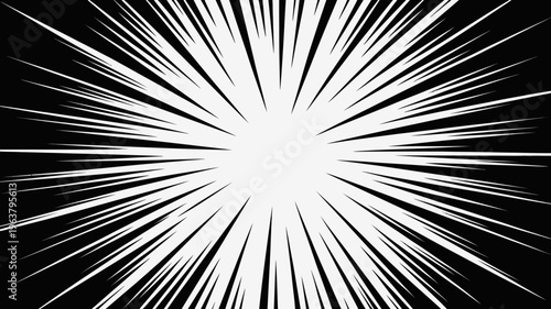 A stark black and white image depicts a radiating burst of light resembling an explosion or impact effect commonly seen in comics high quality professional detailed