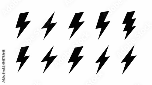 A collection of black lightning bolt icons arranged in a grid pattern against a clean white background showing various angles high quality professional detailed modern elegant