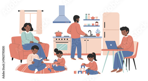 Family playing and working together home.