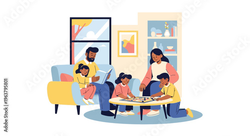 Family playing board game together indoors.