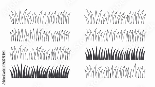 A collection of various black and white grass blades and tufts are arranged in neat rows creating a pattern for design elements high quality professional detailed