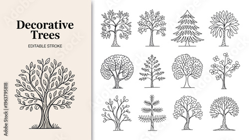 A collection of decorative trees in a line art style presented in a grid format suitable for design elements and illustrations high quality professional detailed modern