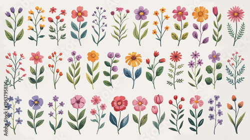 A vibrant collection of watercolor wildflowers and blossoms are displayed across a light neutral background in a repeating pattern high quality professional detailed modern elegant stylish