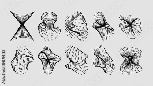 An arrangement of abstract dotted forms against a pale gray background showcases complex swirling shapes and curves high quality professional detailed modern elegant stylish clean crisp