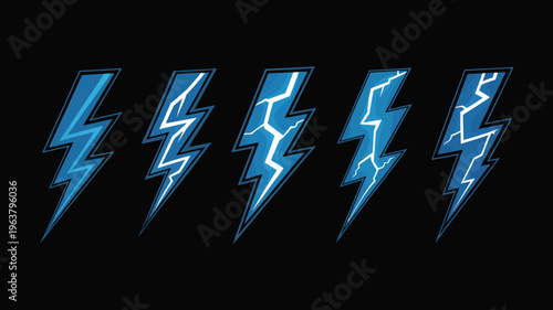 A striking display of five blue lightning bolts against a solid black background showcasing varying shapes and intensities high quality professional detailed modern elegant stylish clean