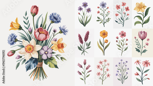 A collection of vibrant watercolor floral illustrations showcasing a diverse arrangement of blooming flowers in various colors and styles high quality professional detailed modern elegant stylish