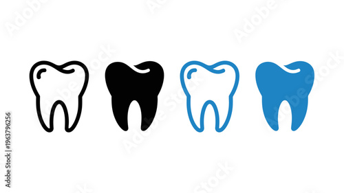 A series of four tooth icons are displayed showcasing variations in color and outline styles for dental representations high quality professional detailed modern elegant stylish clean