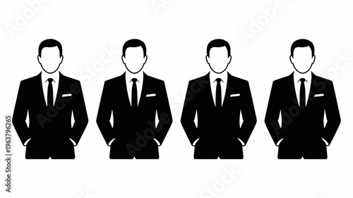 A simple black and white illustration depicts four faceless figures wearing suits and ties standing in a row high quality professional detailed modern elegant stylish clean