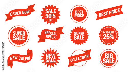 A collection of vibrant red sale ribbons banners and tags with various promotional messages like sale best price and new high quality professional detailed modern elegant