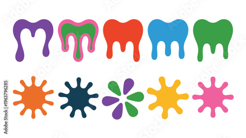 A vibrant collection of abstract shapes resembling melting forms with bright colors and diverse splatters high quality professional detailed modern elegant stylish clean crisp colorful digital