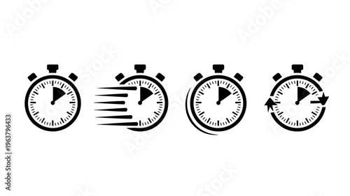 A set of four black stopwatch icons illustrates the progression of time showcasing different stages of timing or speed measurement high quality professional detailed modern elegant
