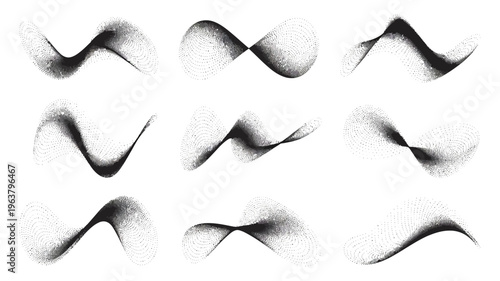 A collection of nine abstract flowing shapes resembling waves or ribbons rendered in halftone dots against a white background high quality professional detailed modern elegant stylish