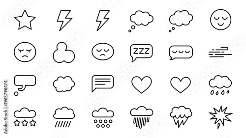 A collection of black and white line icons depicts weather dreams thoughts and emotions in a simple minimalist style high quality professional detailed modern elegant stylish