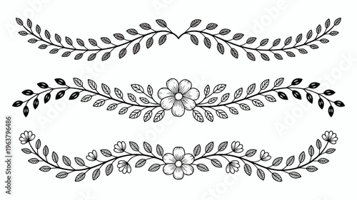 A set of three delicate floral branch designs are displayed in black and white featuring leaves and small blossoms high quality professional detailed modern elegant stylish
