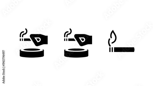 A series of three black silhouette icons depict a hand holding a lit cigarette over an ashtray and a single burning cigarette high quality professional detailed