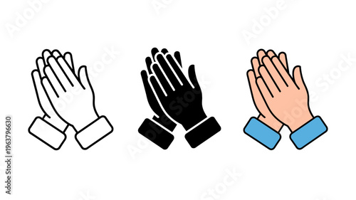 This image displays three variations of hands clapping utilizing different color schemes white black and a light orange with blue sleeves high quality professional detailed modern
